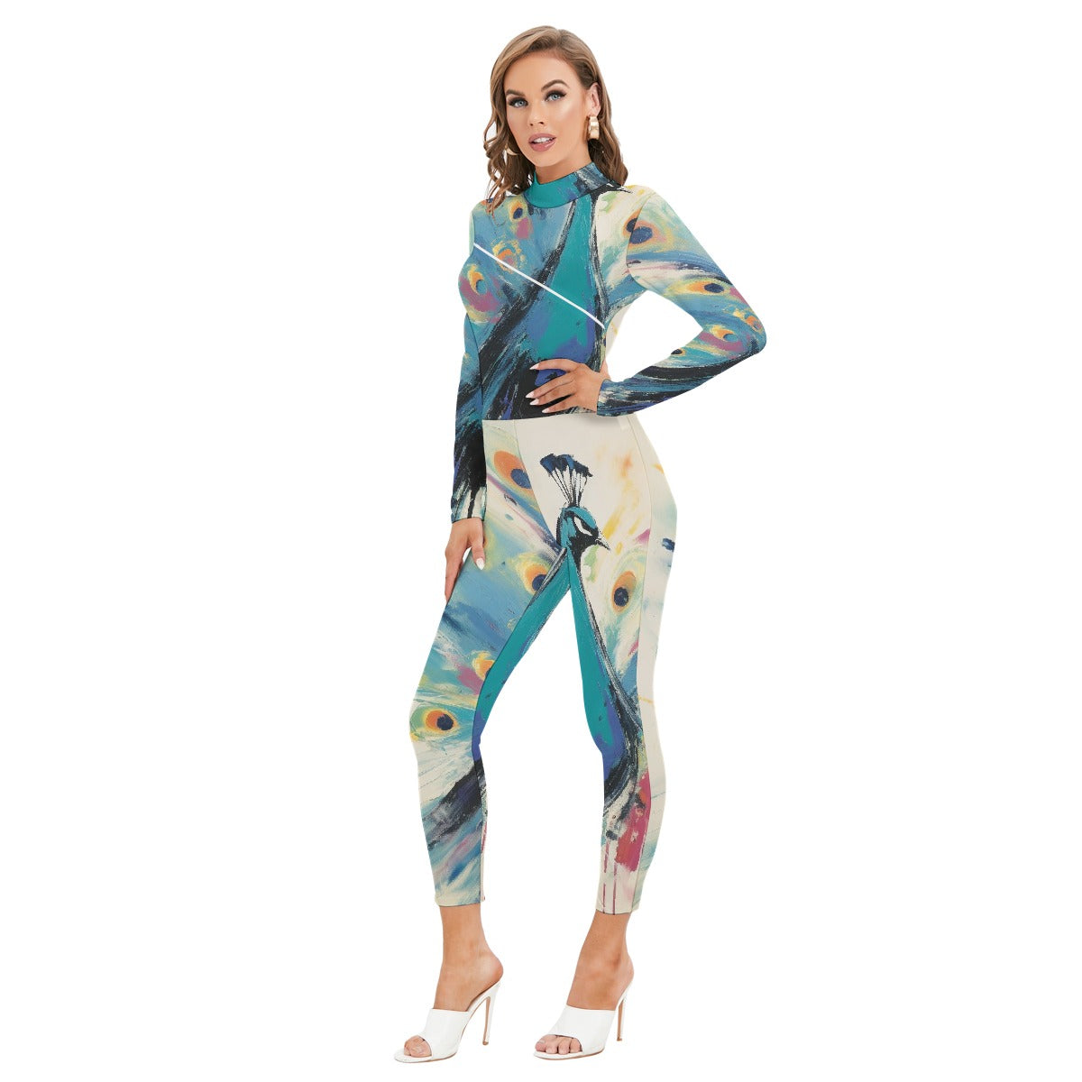 All-Over Print Women's Long-sleeved High-neck Jumpsuit With Zipper