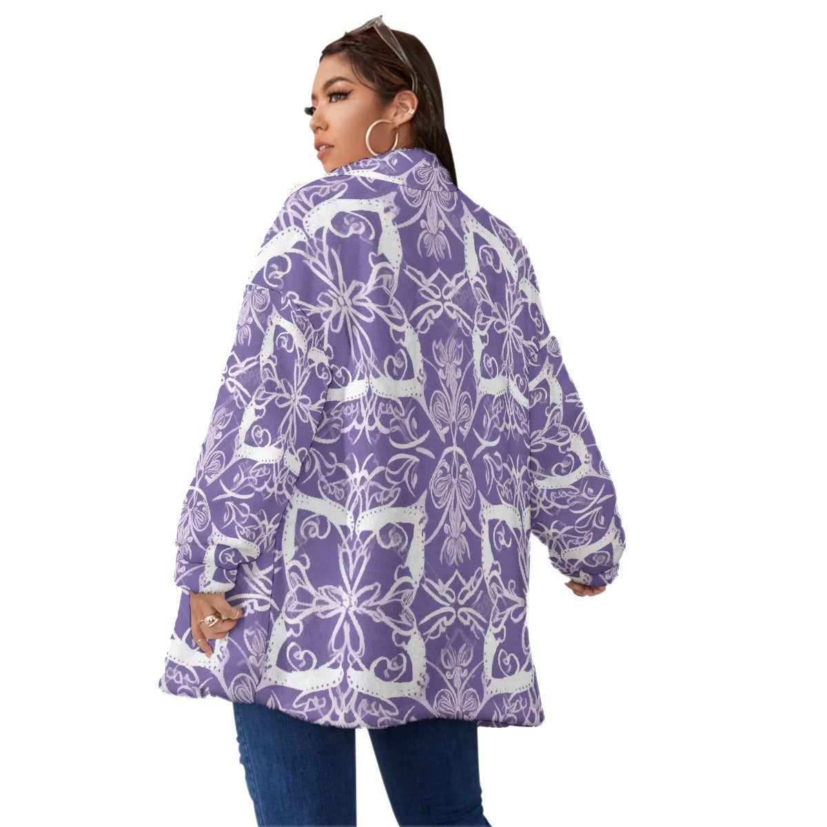 All-Over Print Unisex Borg Fleece Stand-up Collar Coat With Zipper Closure(Plus Size)