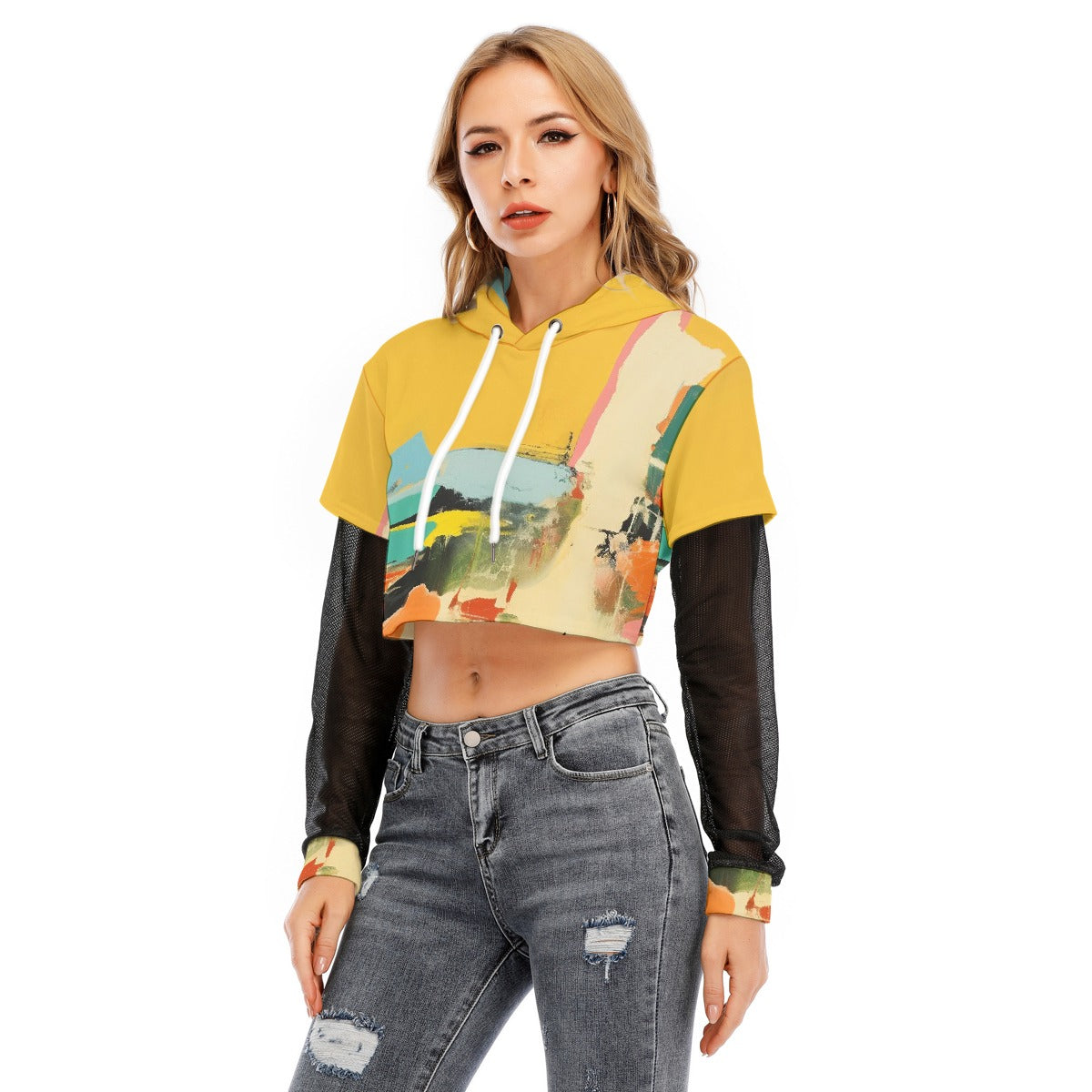 All-Over Print Women's Fake Two-piece Mesh Sleeve Cropped Hoodie