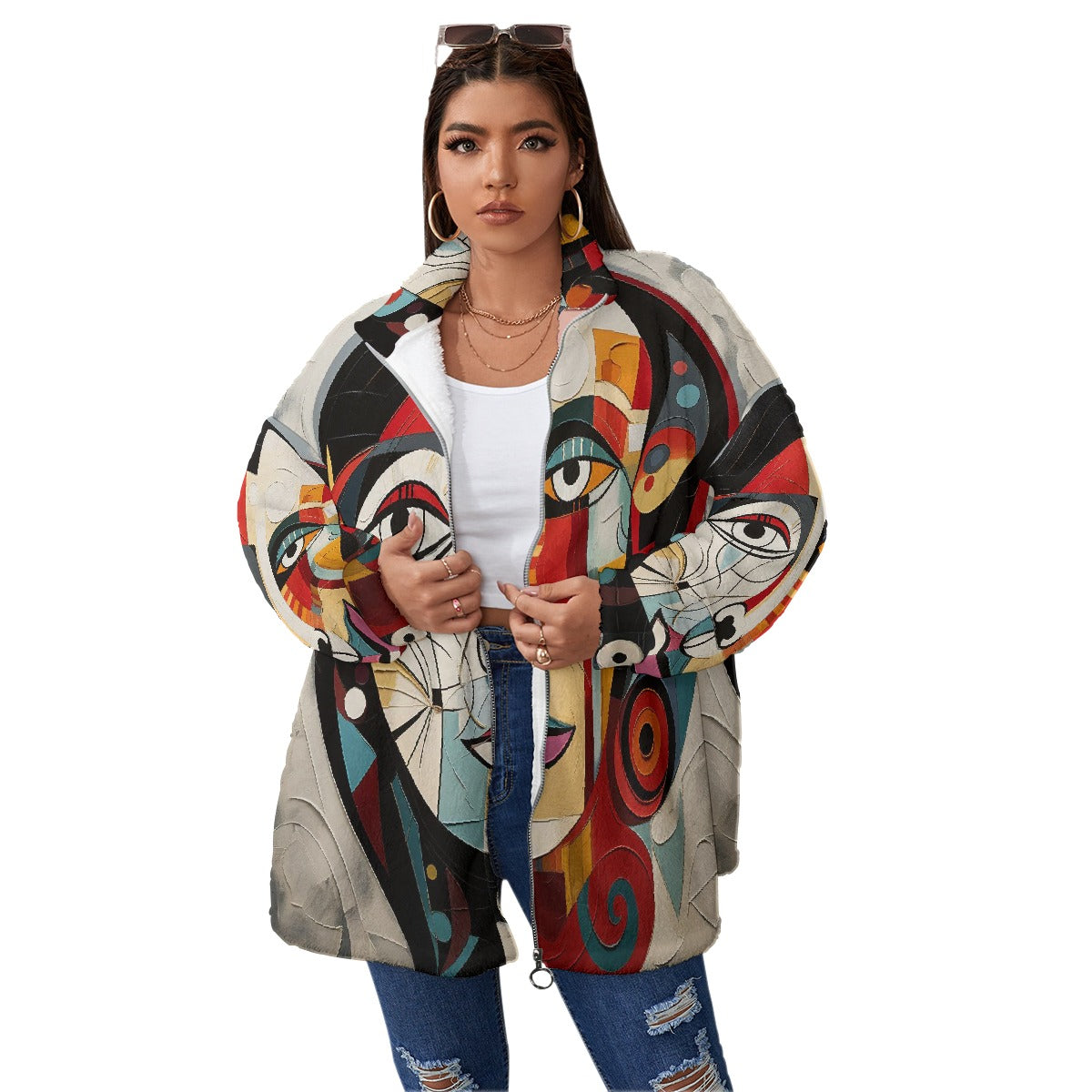 All-Over Print Unisex Borg Fleece Stand-up Collar Coat With Zipper Closure(Plus Size)