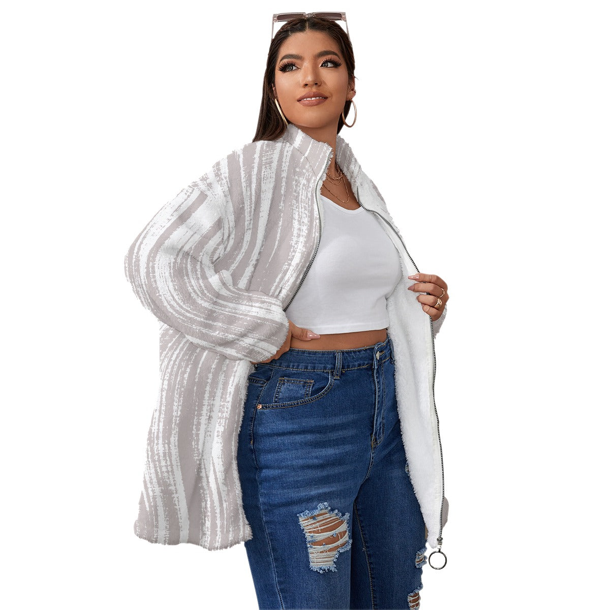 All-Over Print Unisex Borg Fleece Stand-up Collar Coat With Zipper Closure(Plus Size)