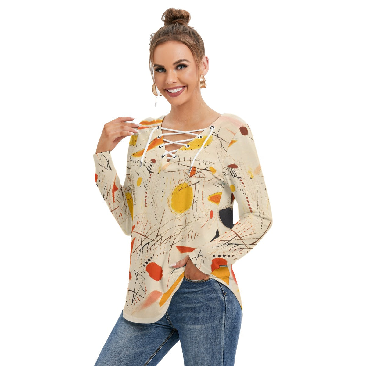 All-Over Print Women's Long Sleeve Neckline Tie Sweatshirt