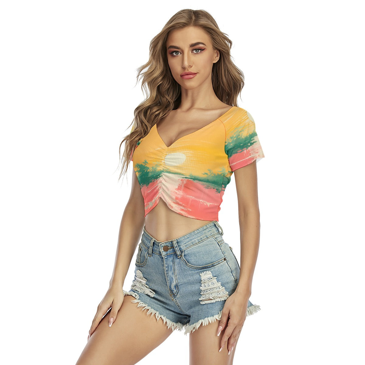 All-Over Print Women's Raglan Drawstring Front  Crop Tee