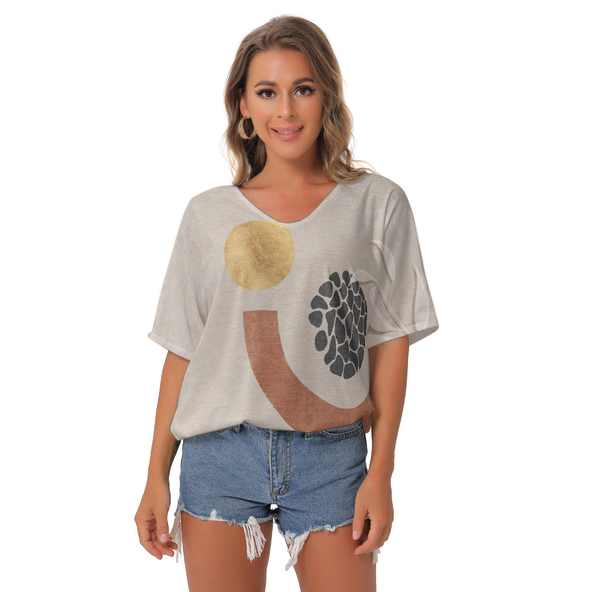 All-Over Print Women's Bat Sleeves V-Neck Blouse