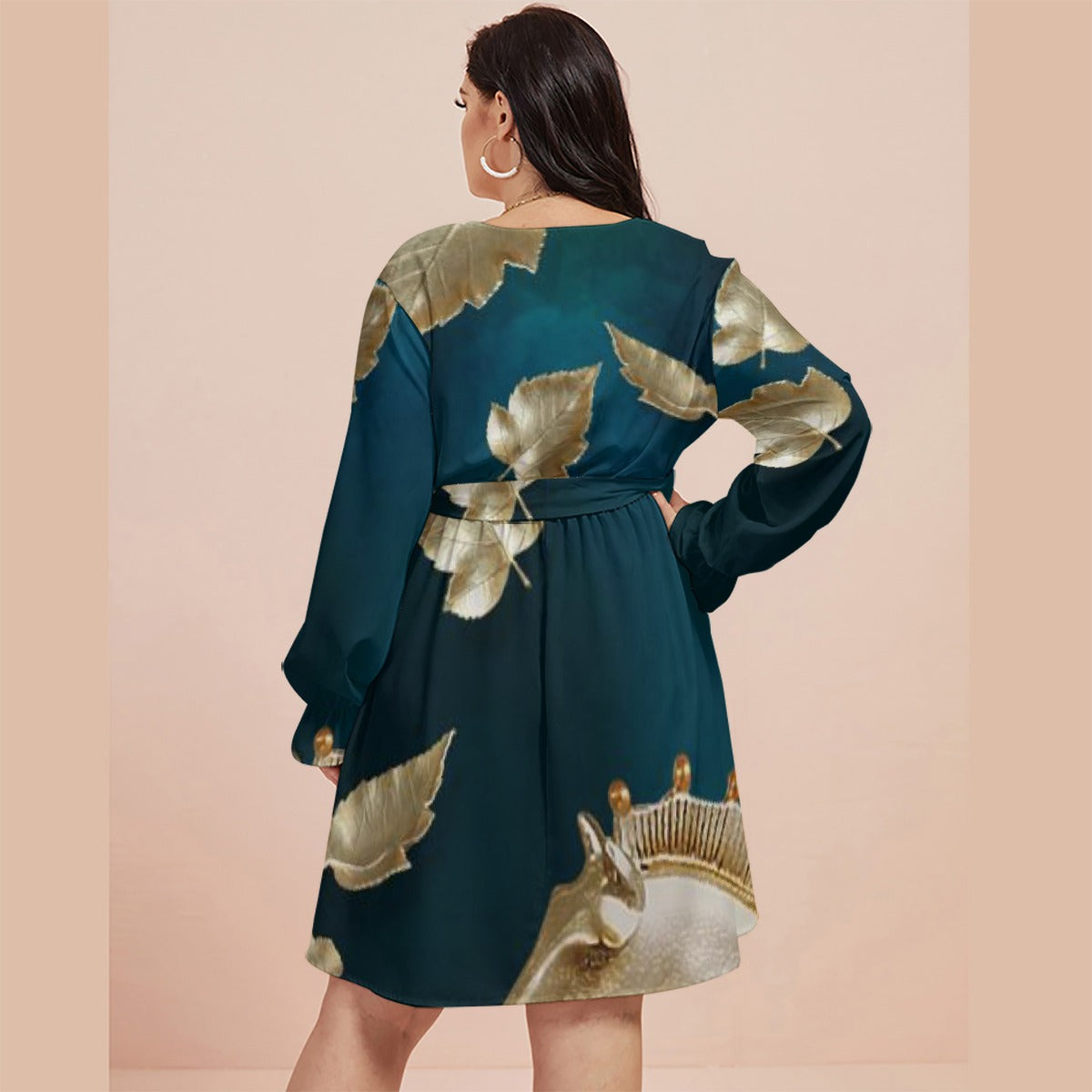 All-Over Print Women's V-neck Dress With Waistband(Plus Size)