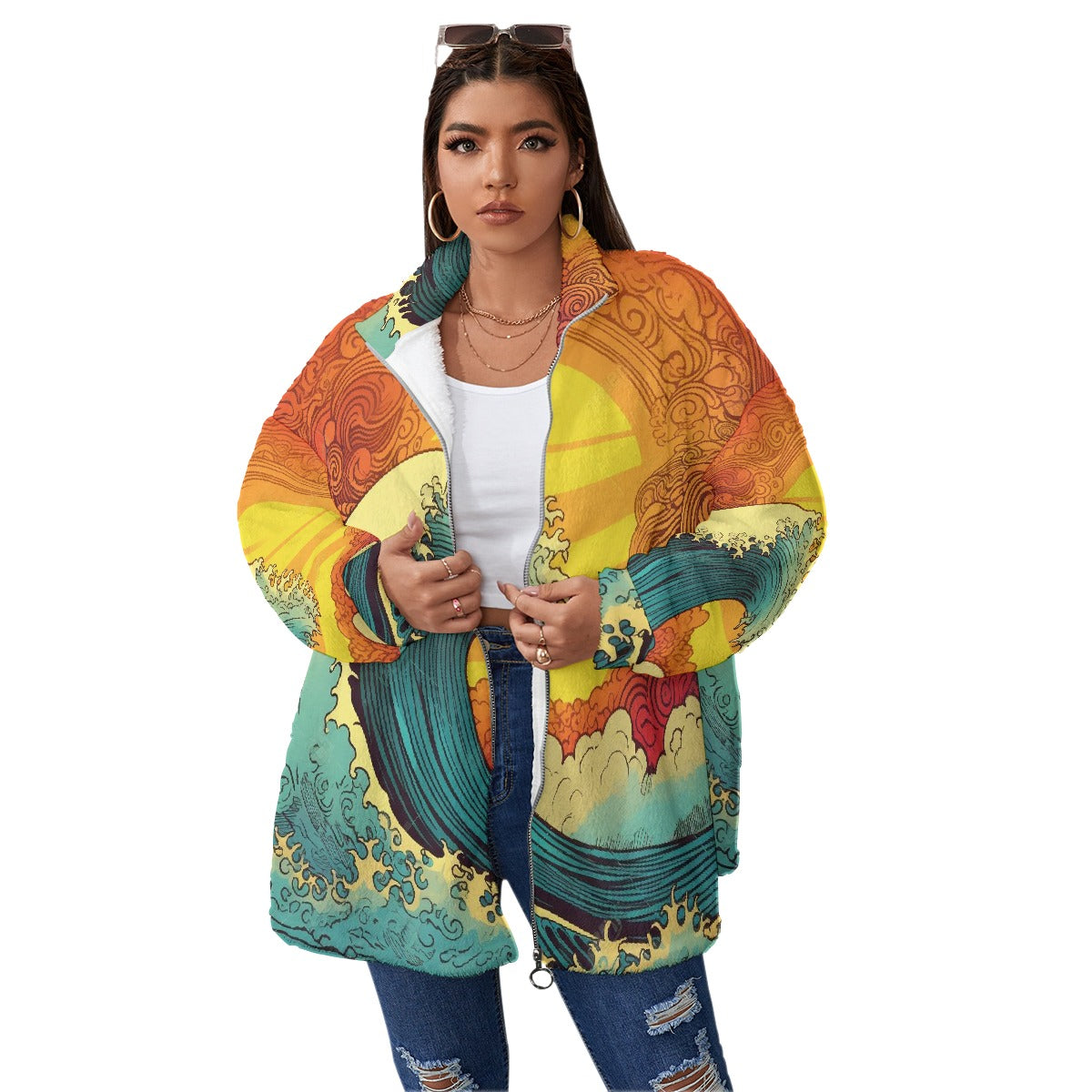 All-Over Print Unisex Borg Fleece Stand-up Collar Coat With Zipper Closure(Plus Size)