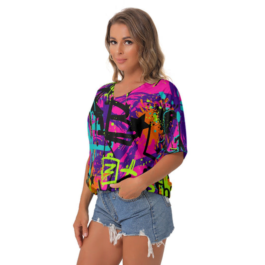 All-Over Print Women's Bat Sleeves V-Neck Blouse