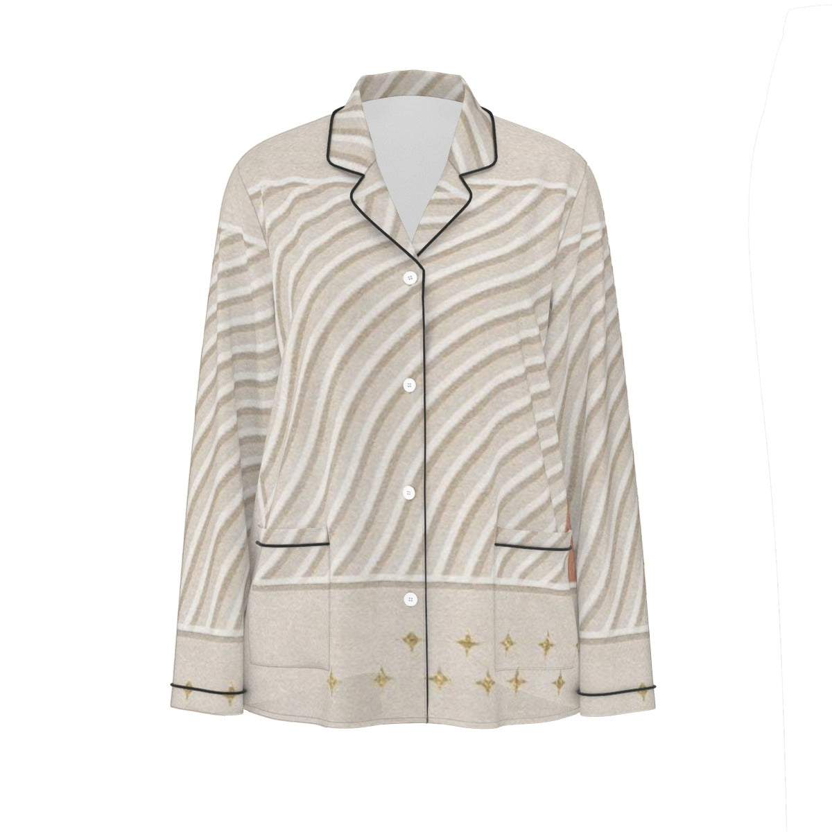 All-Over Print Women's Long Sleeve Pajama Set With Black Contrast Piping