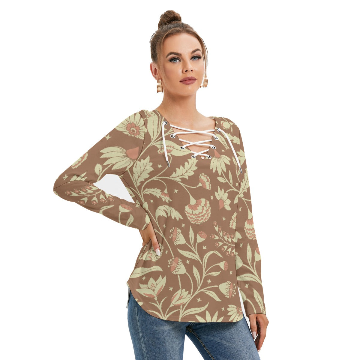 All-Over Print Women's Long Sleeve Neckline Tie Sweatshirt