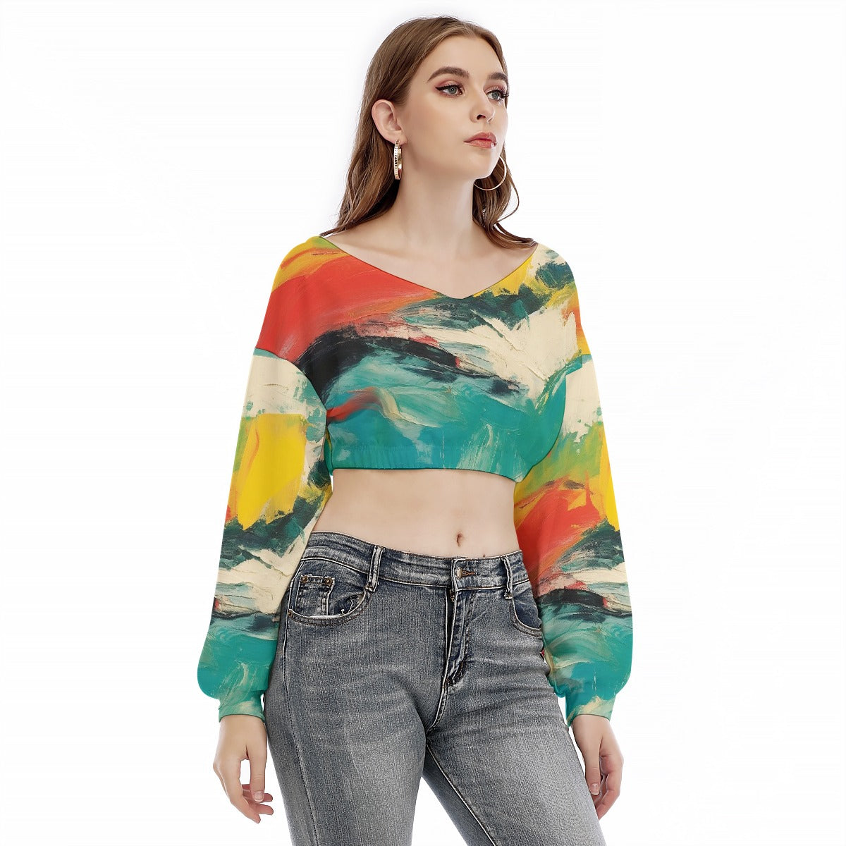 All-Over Print Women's V-neck Long Sleeve Cropped Sweatshirt