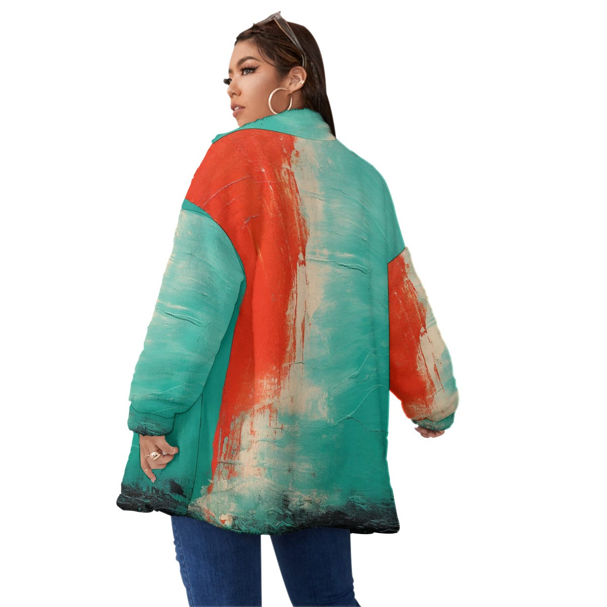 All-Over Print Unisex Borg Fleece Stand-up Collar Coat With Zipper Closure(Plus Size)