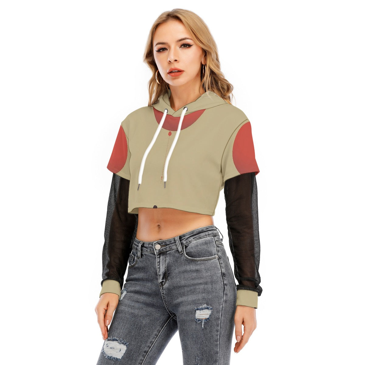 All-Over Print Women's Fake Two-piece Mesh Sleeve Cropped Hoodie