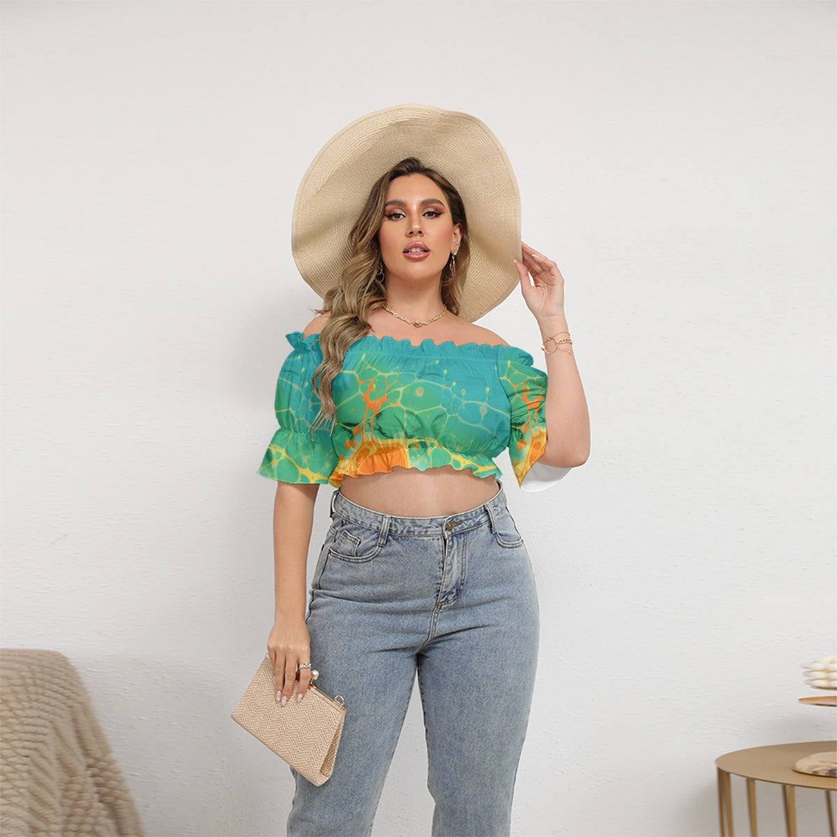 All-Over Print Women's Off-shoulder Cropped Top With Short Puff Sleeve