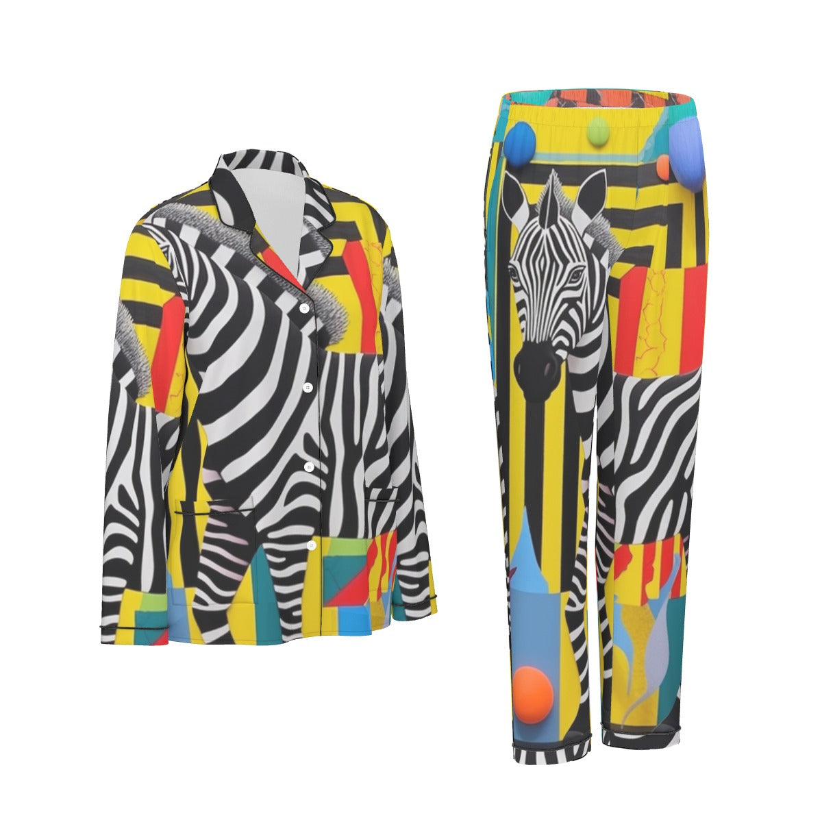 All-Over Print Women's Long Sleeve Pajama Set With Black Contrast Piping