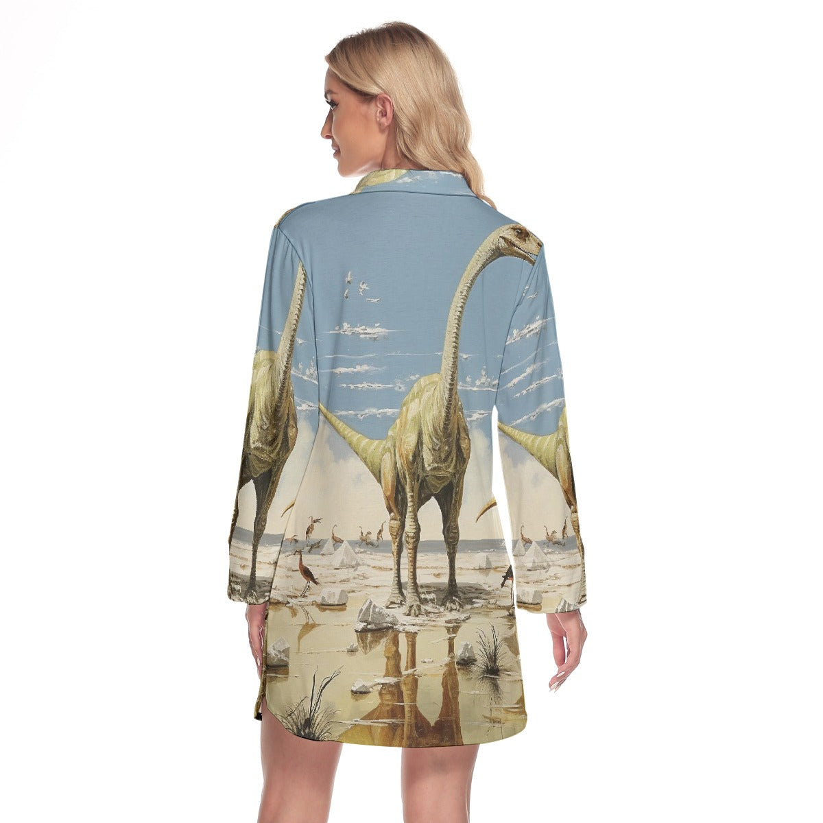 All-Over Print Women's Lapel Shirt Dress With Long Sleeve