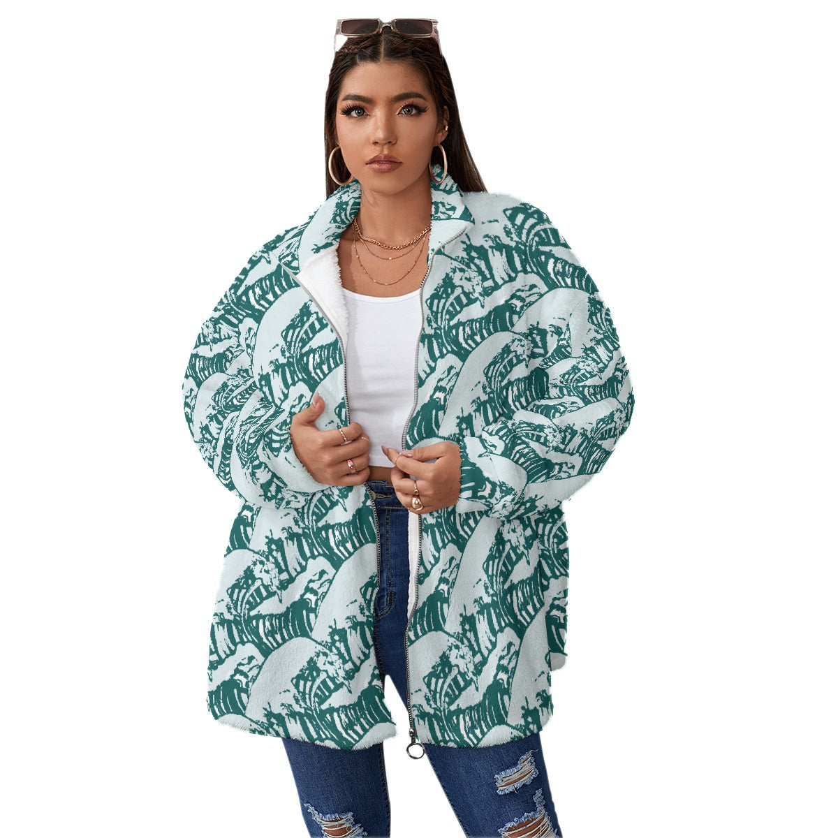All-Over Print Unisex Borg Fleece Stand-up Collar Coat With Zipper Closure(Plus Size)