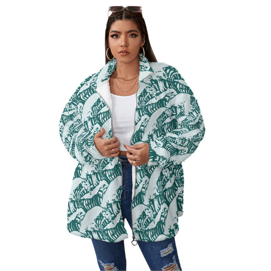 All-Over Print Unisex Borg Fleece Stand-up Collar Coat With Zipper Closure(Plus Size)