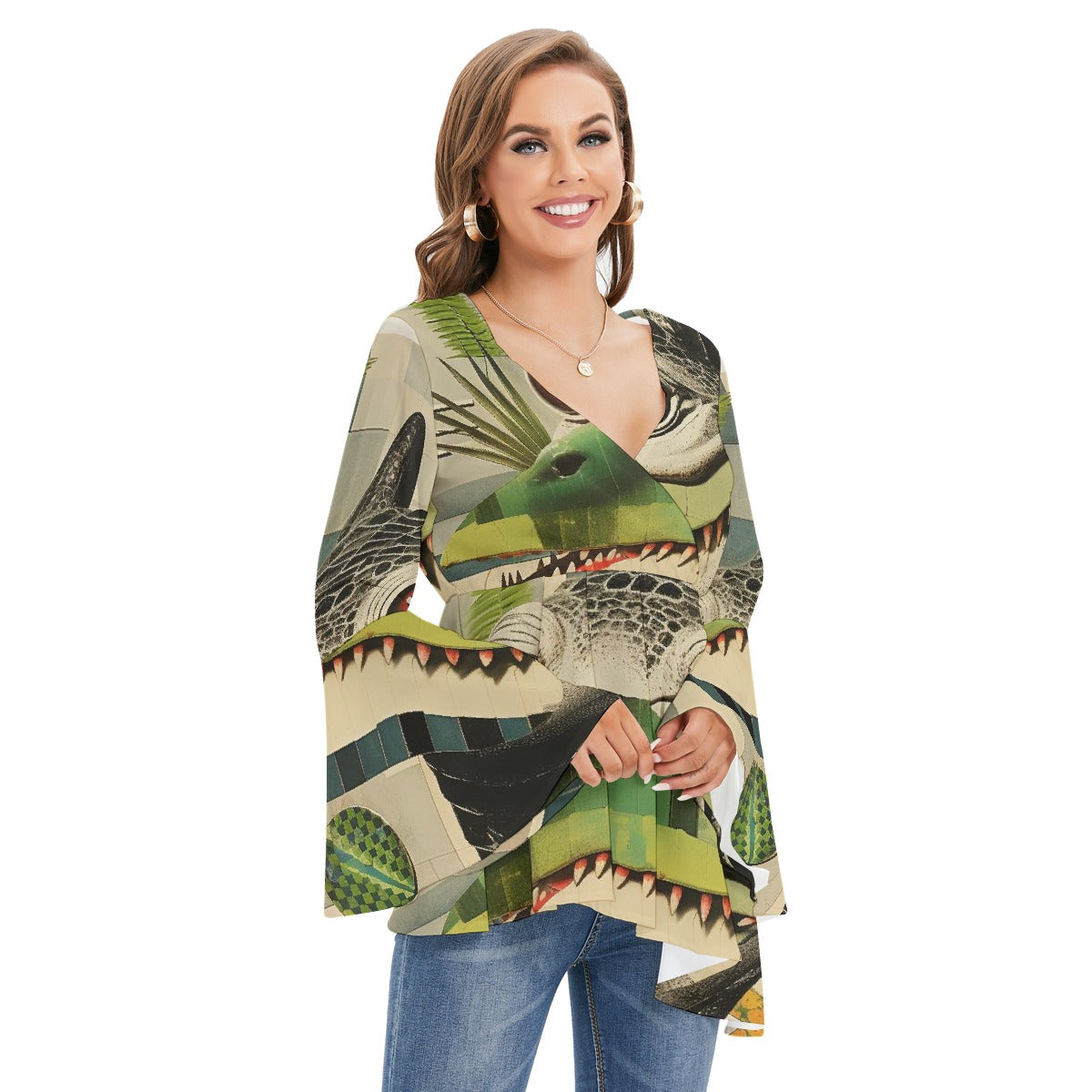 All-Over Print Women's V-neck Blouse With Flared Sleeves