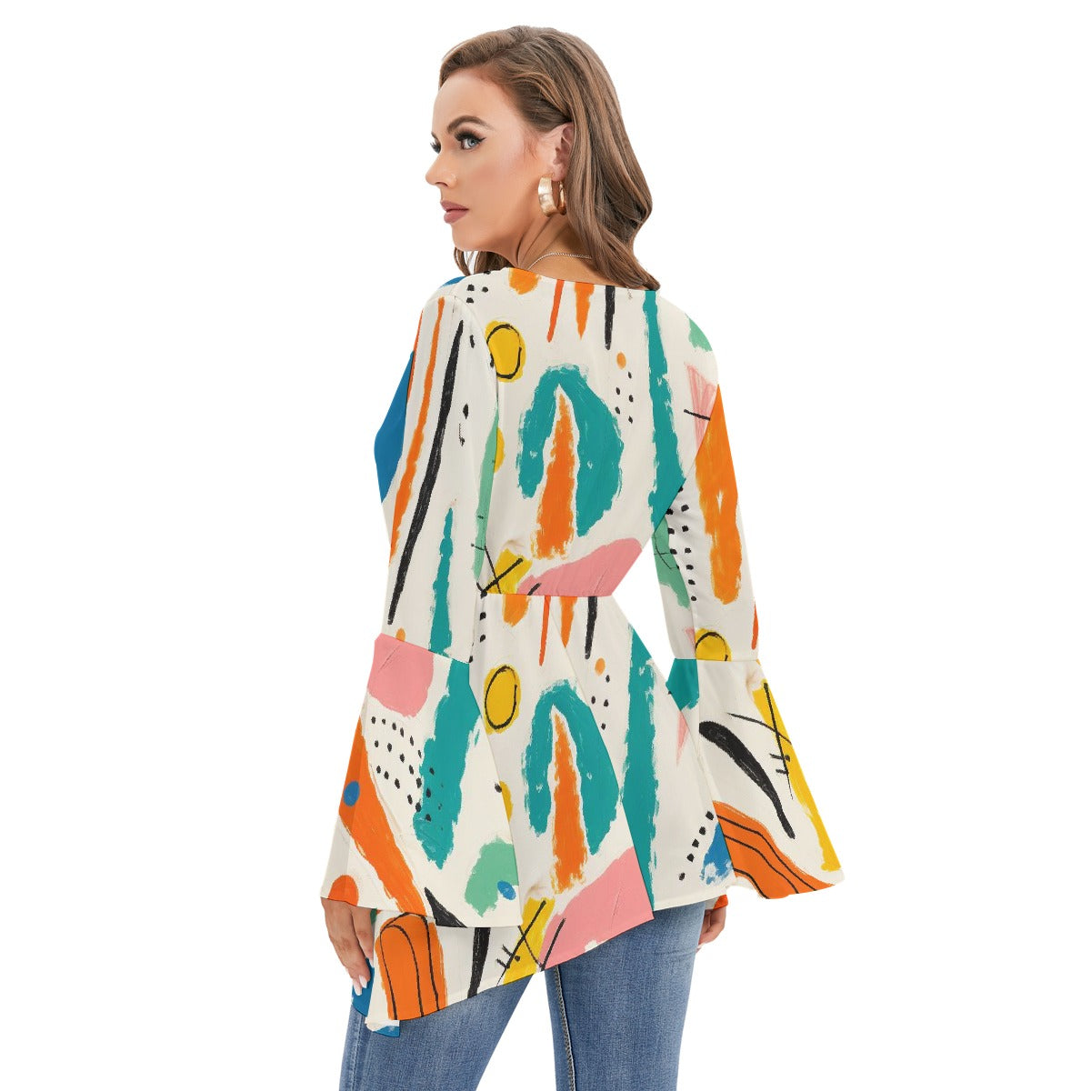 All-Over Print Women's V-neck Blouse With Flared Sleeves