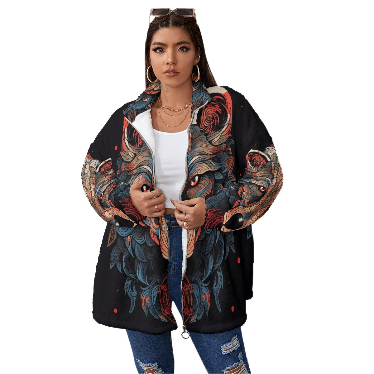 All-Over Print Unisex Borg Fleece Stand-up Collar Coat With Zipper Closure(Plus Size)