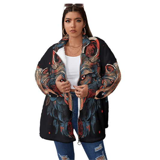 All-Over Print Unisex Borg Fleece Stand-up Collar Coat With Zipper Closure(Plus Size)