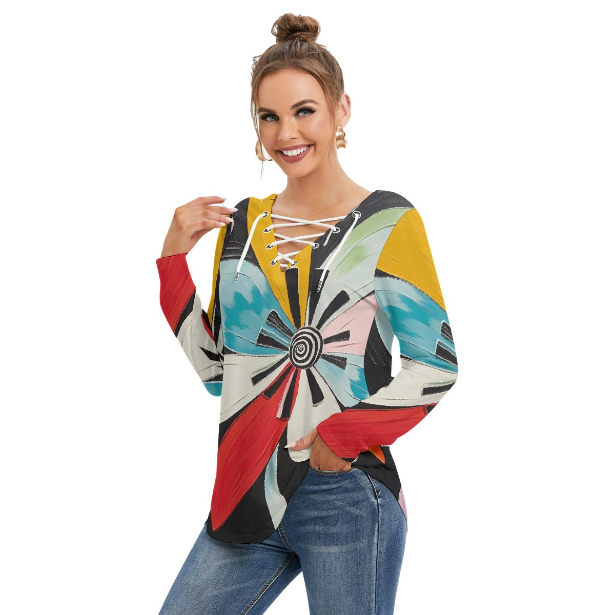 All-Over Print Women's Long Sleeve Neckline Tie Sweatshirt