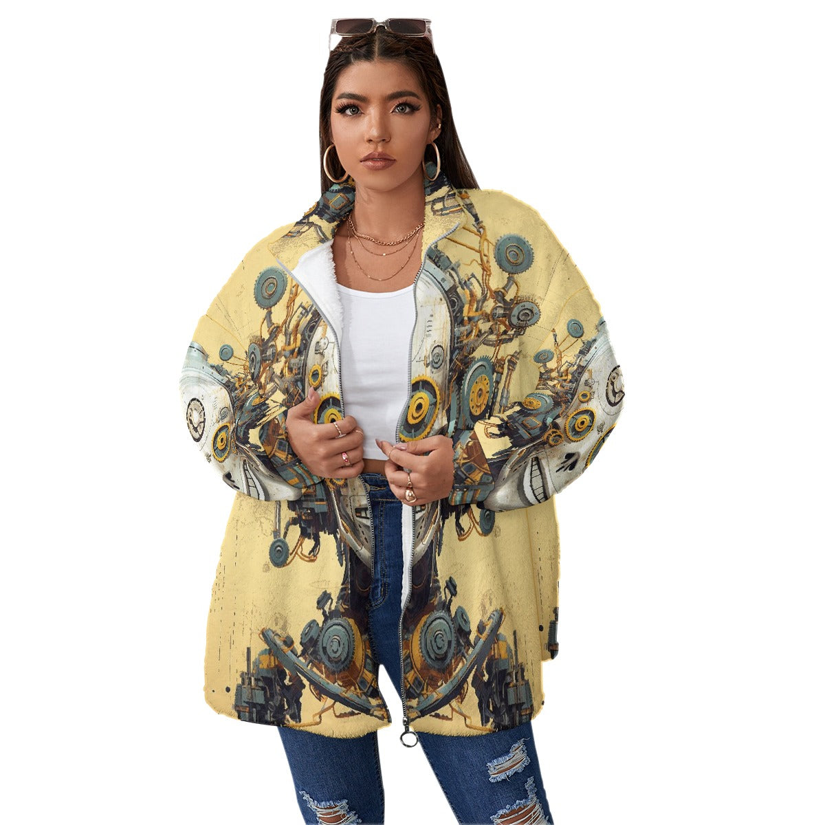 All-Over Print Unisex Borg Fleece Stand-up Collar Coat With Zipper Closure(Plus Size)