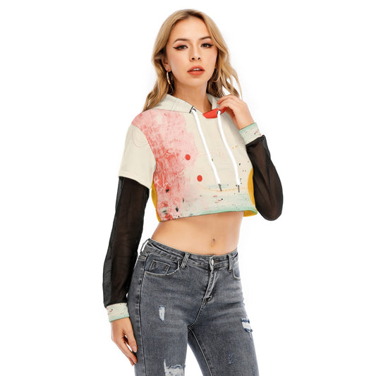 All-Over Print Women's Fake Two-piece Mesh Sleeve Cropped Hoodie