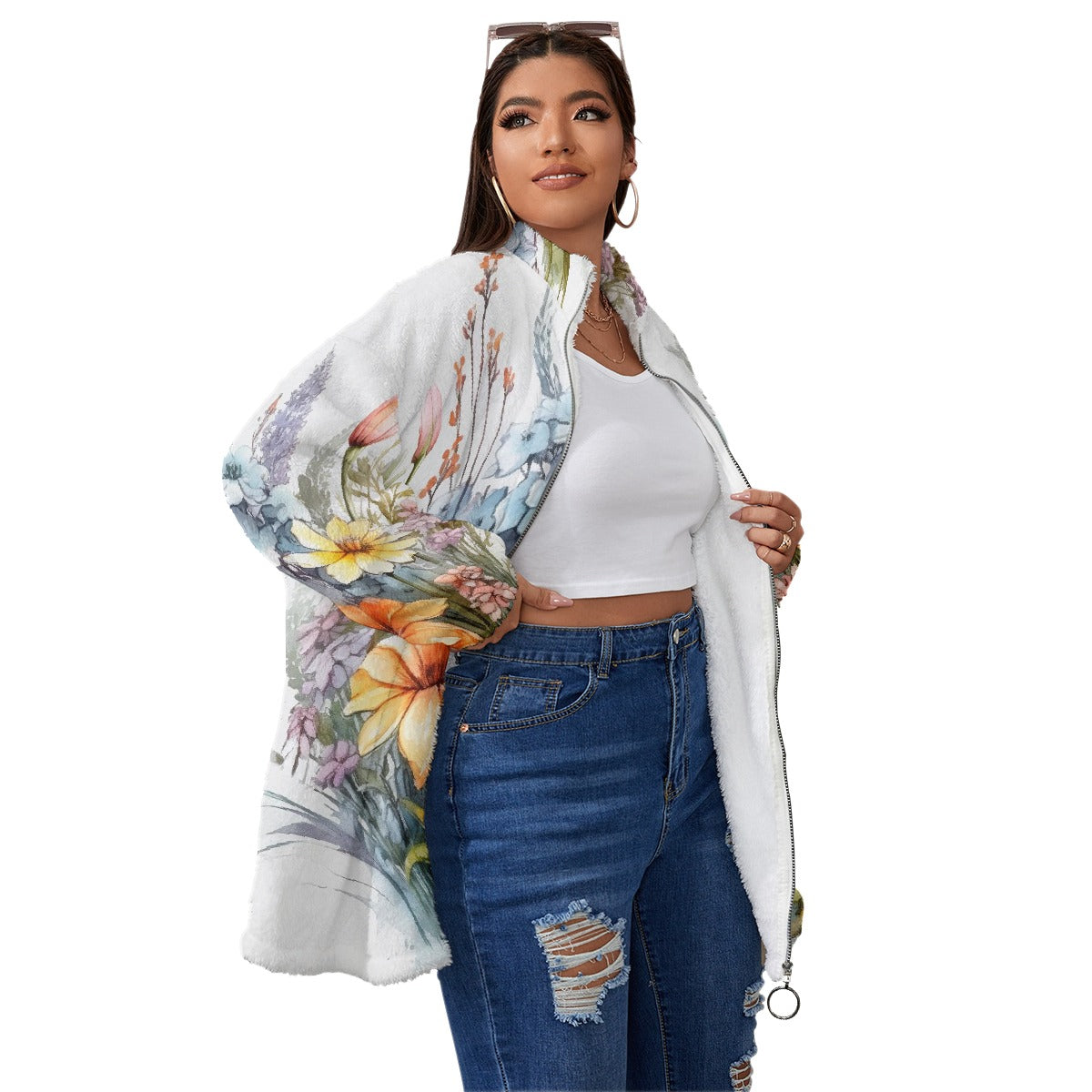 All-Over Print Unisex Borg Fleece Stand-up Collar Coat With Zipper Closure(Plus Size)