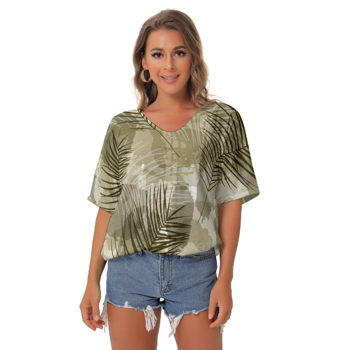 All-Over Print Women's Bat Sleeves V-Neck Blouse