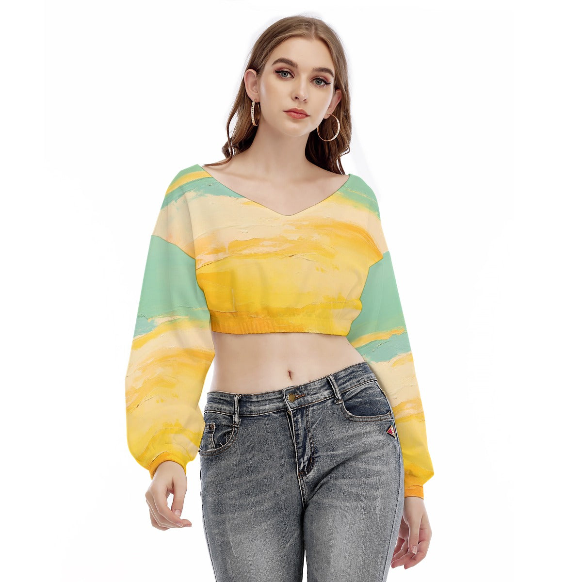 All-Over Print Women's V-neck Long Sleeve Cropped Sweatshirt