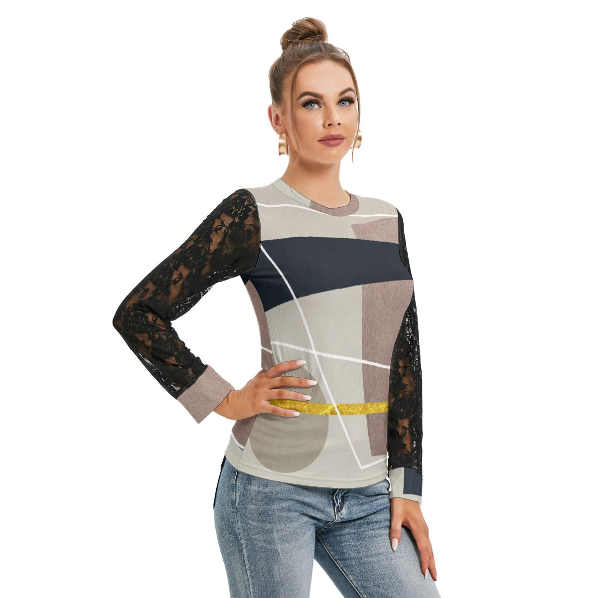 All-Over Print Women's T-shirt And Sleeve With Black Lace