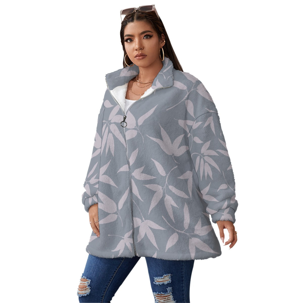 All-Over Print Unisex Borg Fleece Stand-up Collar Coat With Zipper Closure(Plus Size)