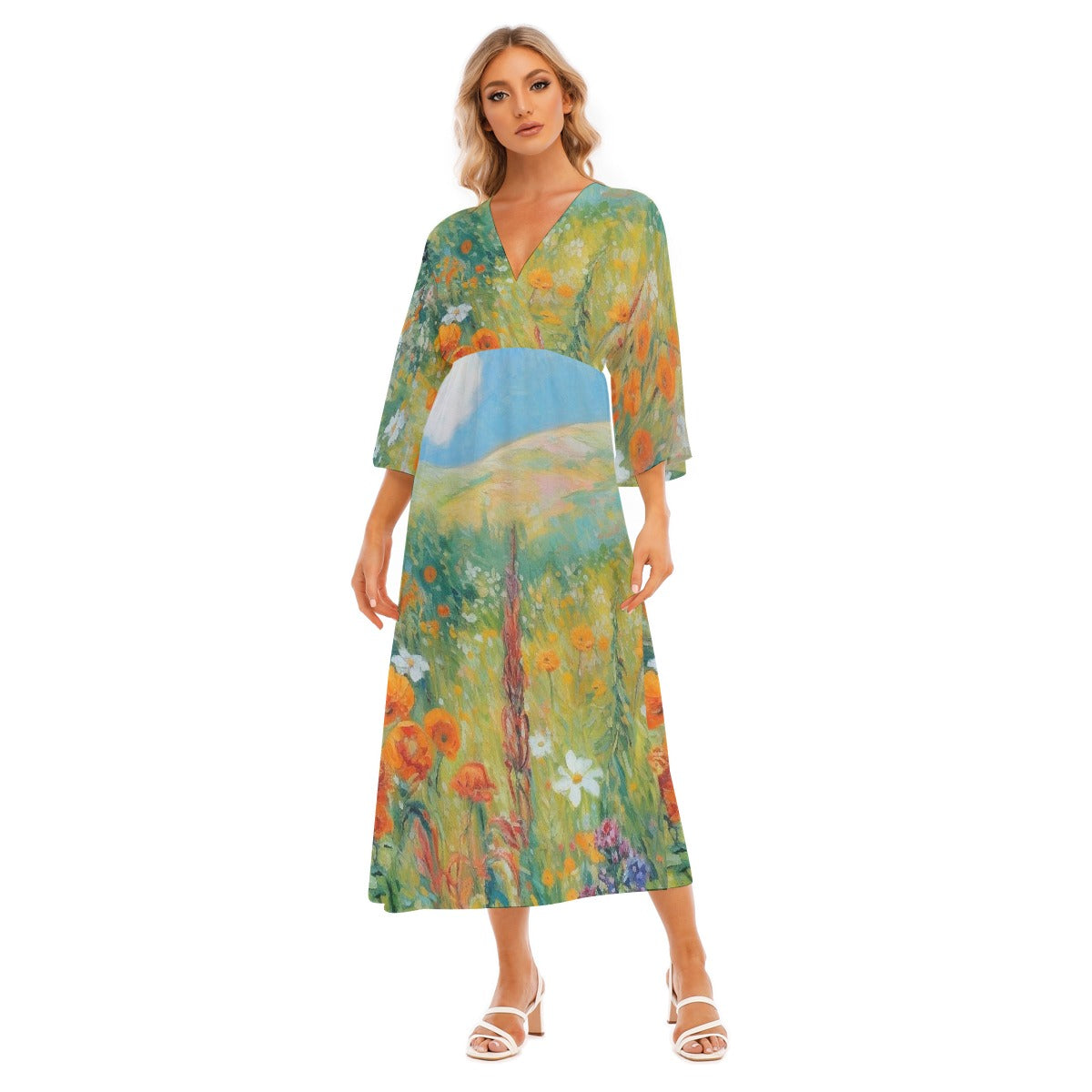 All-Over Print Women's Mid-Sleeve Long Dress