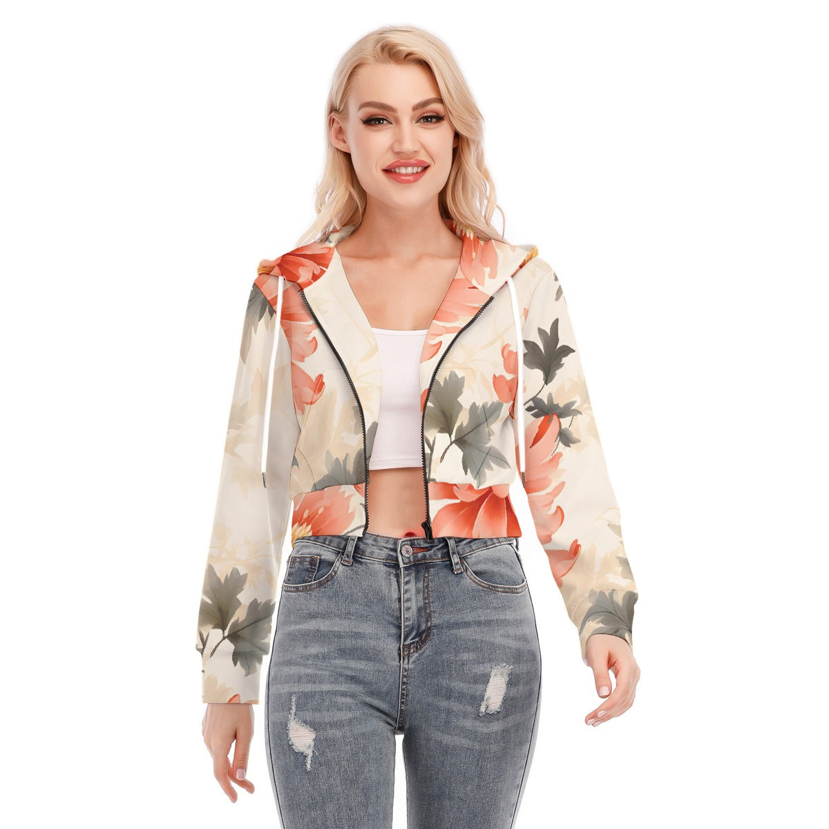 All-Over Print Women's Crop Top Hoodie With Zipper Closure
