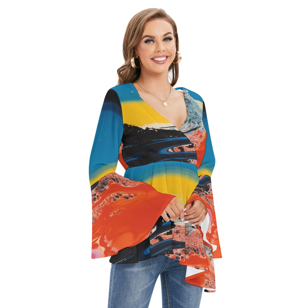 All-Over Print Women's V-neck Blouse With Flared Sleeves