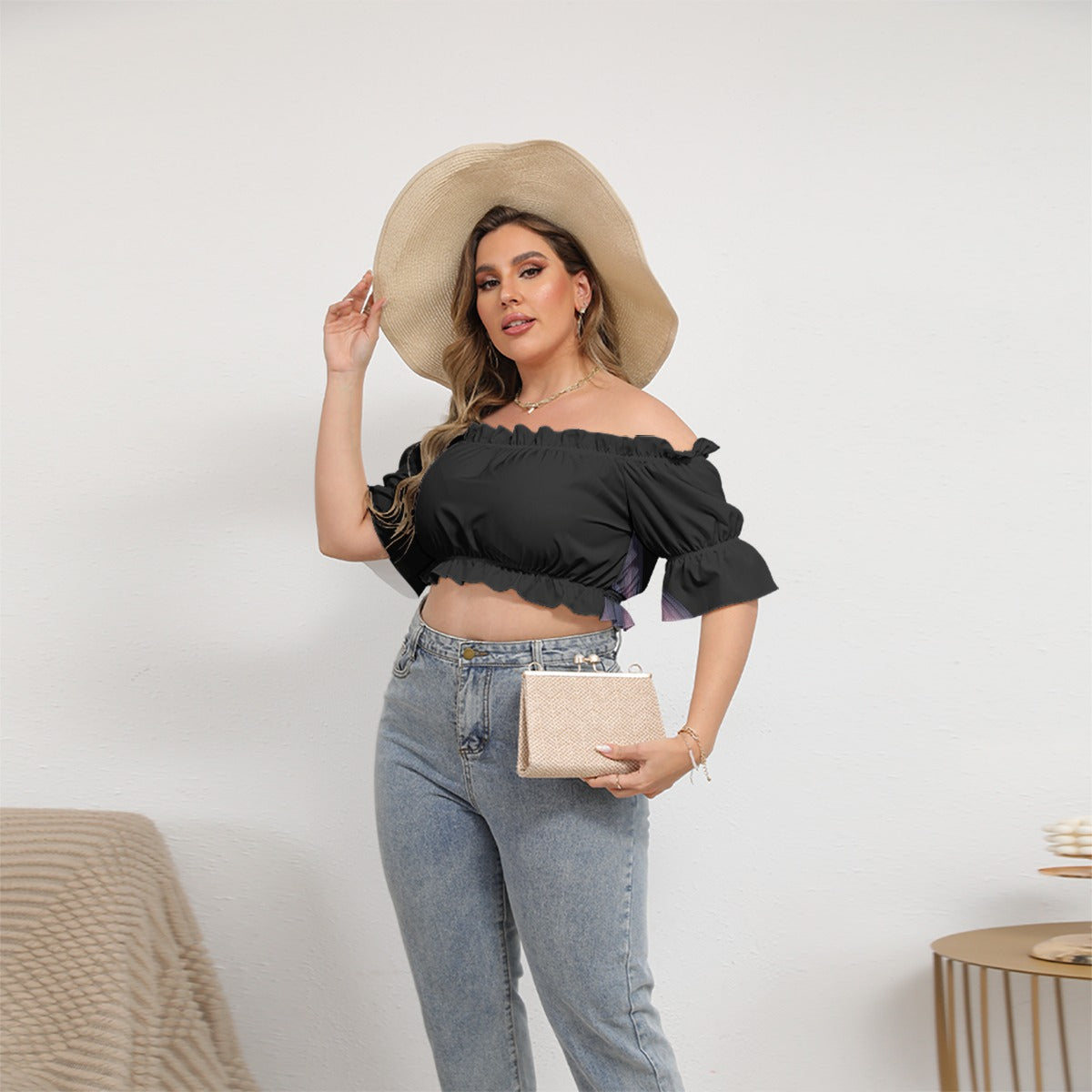 All-Over Print Women's Off-shoulder Cropped Top With Short Puff Sleeve