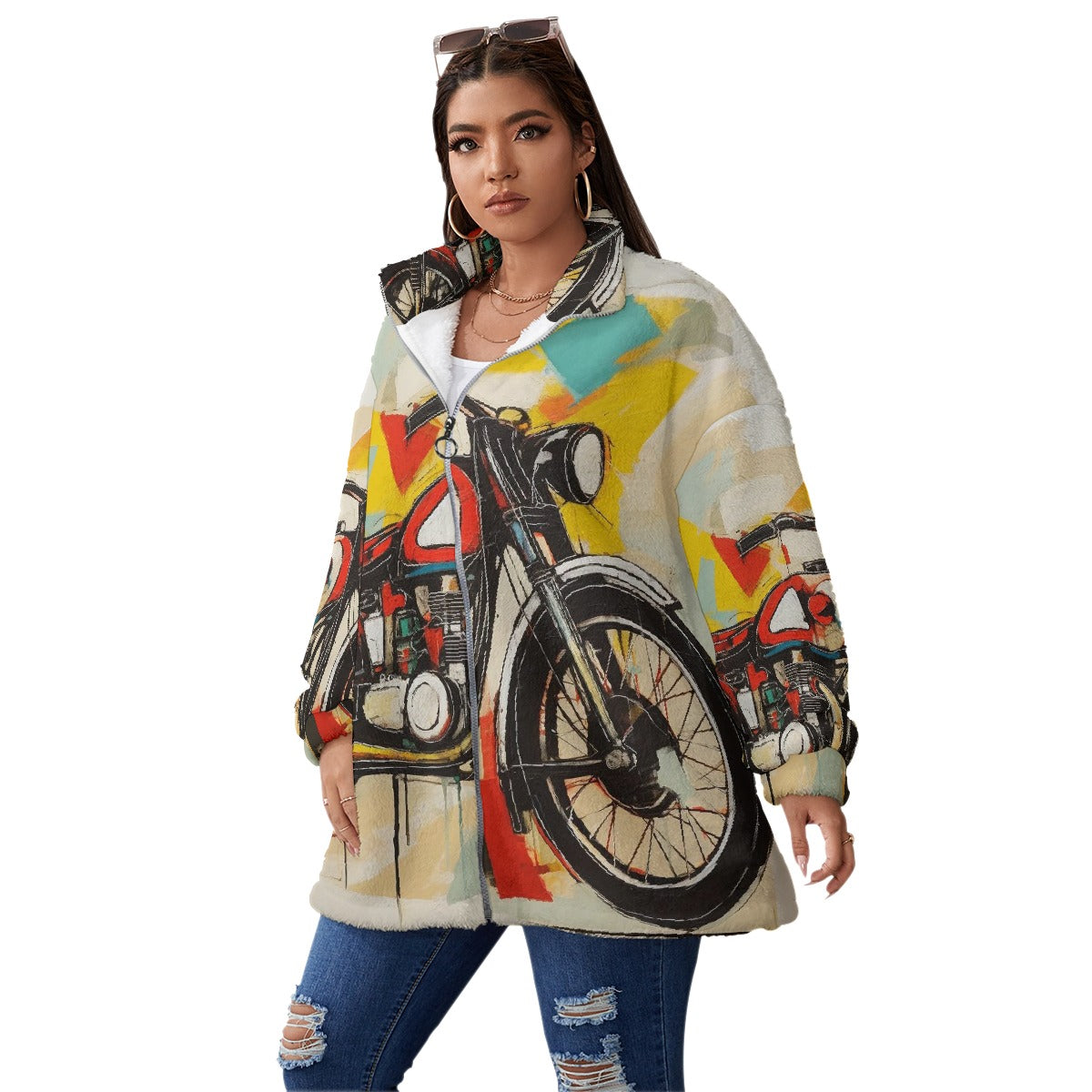 All-Over Print Unisex Borg Fleece Stand-up Collar Coat With Zipper Closure(Plus Size)