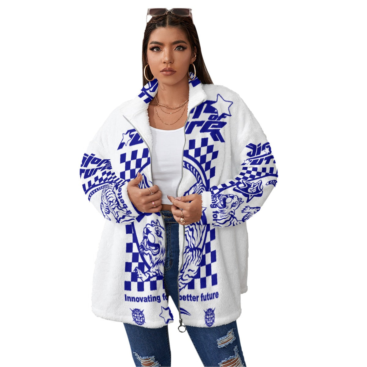 All-Over Print Unisex Borg Fleece Stand-up Collar Coat With Zipper Closure(Plus Size)