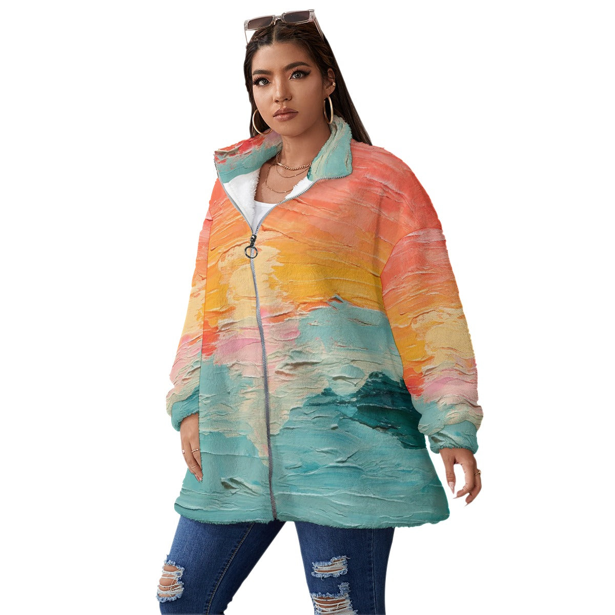 All-Over Print Unisex Borg Fleece Stand-up Collar Coat With Zipper Closure(Plus Size)