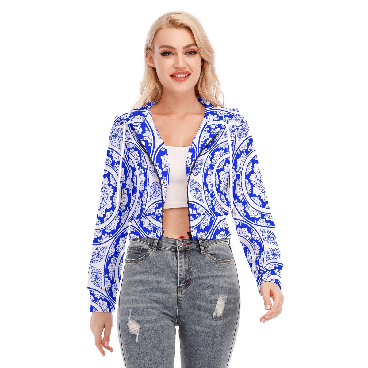 All-Over Print Women's Crop Top Hoodie With Zipper Closure