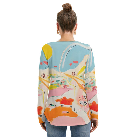 All-Over Print Women's Long Sleeve Neckline Tie Sweatshirt