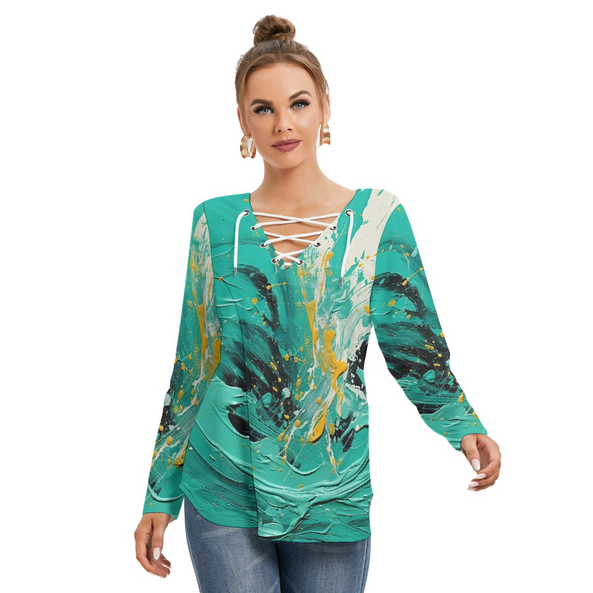 All-Over Print Women's Long Sleeve Neckline Tie Sweatshirt