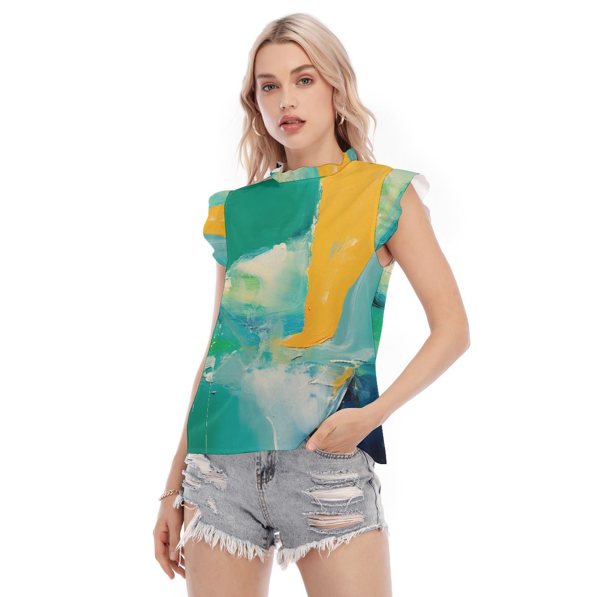 All-Over Print Women's Blouse With Ruffle Collar And Sleeve