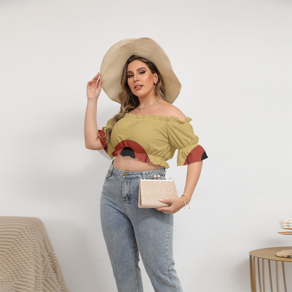 All-Over Print Women's Off-shoulder Cropped Top With Short Puff Sleeve