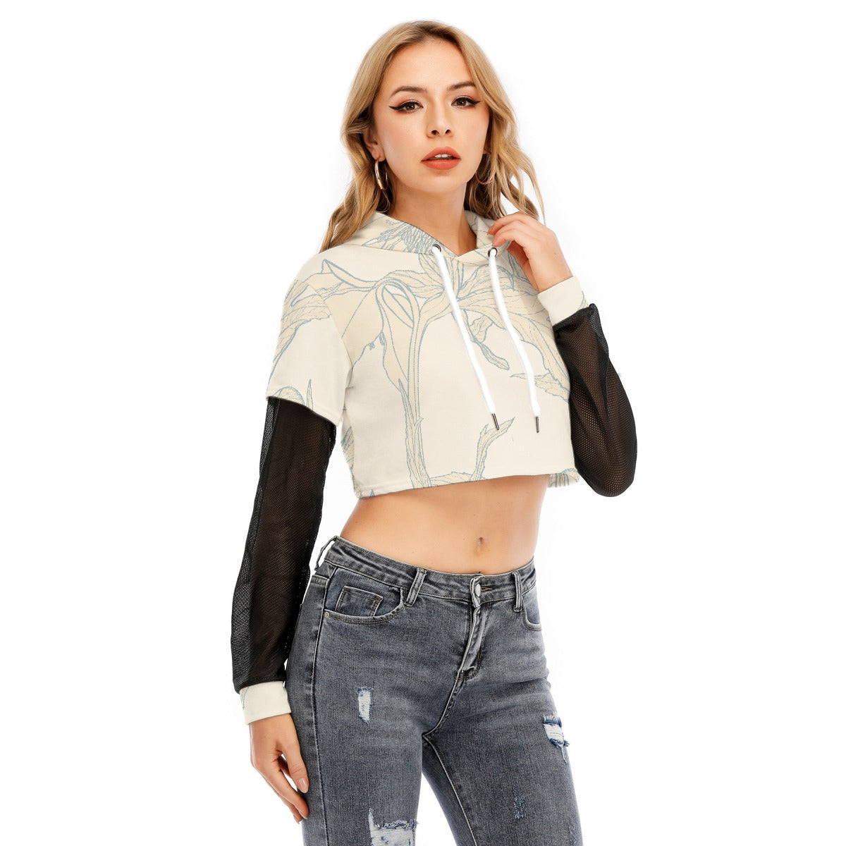 All-Over Print Women's Fake Two-piece Mesh Sleeve Cropped Hoodie