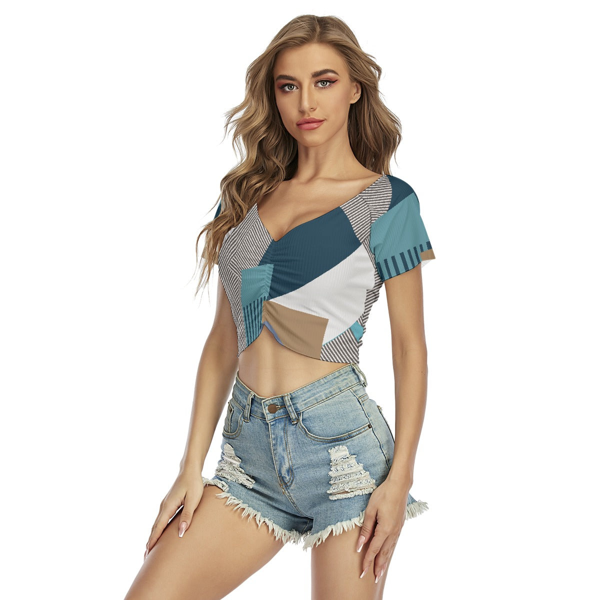 All-Over Print Women's Raglan Drawstring Front  Crop Tee