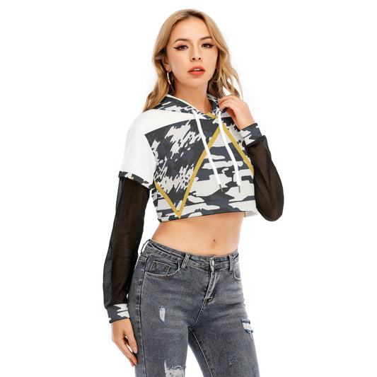 All-Over Print Women's Fake Two-piece Mesh Sleeve Cropped Hoodie