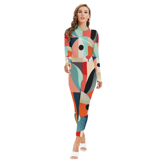 All-Over Print Women's Long-sleeved High-neck Jumpsuit With Zipper