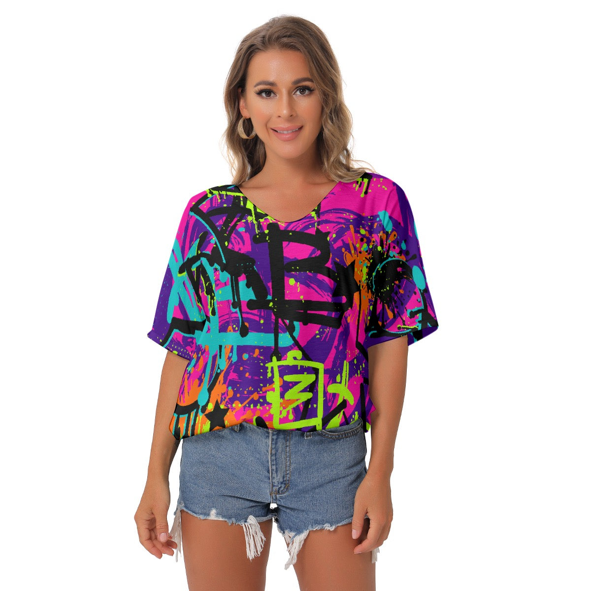 All-Over Print Women's Bat Sleeves V-Neck Blouse
